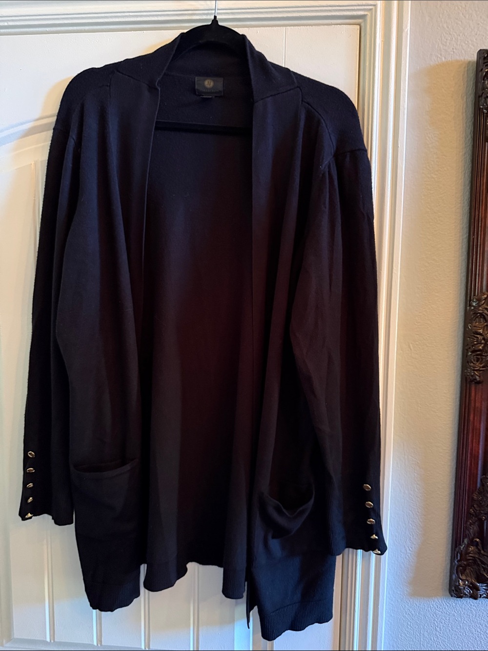 JM Collection Black Open-Front Cardigan with Button-Cuff Detail